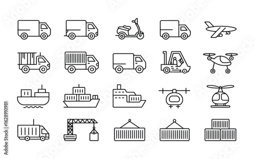 Collection of outline icons representing various modes of transportation and logistics for shipping and delivery services