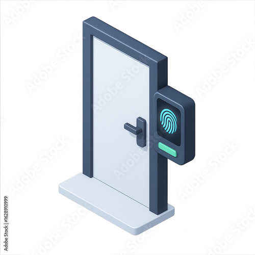Isometric 3D illustration of a door with fingerprint biometric access control, on transparent background. Great for security, authentication, and smart home visuals.