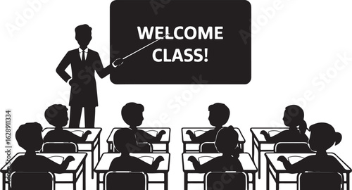 Silhouette of a teacher pointing to a chalkboard with the words welcome class to attentive students sitting at desks in a classroom