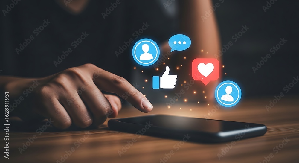 Fototapeta premium Person using smartphone with social media icons floating above