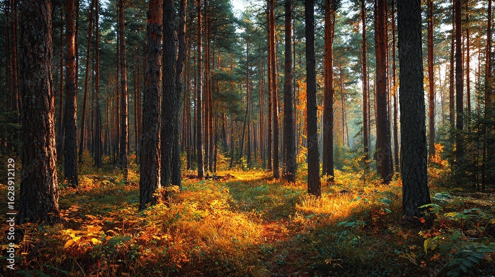 Obraz premium Sunlight streams through a dense forest, illuminating the trunks and undergrowth with golden hues