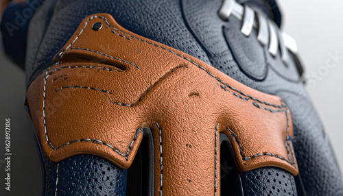 Close-up of a brown and black leather motorcycle glove with stitching