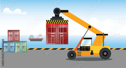 reach stacker container handler in a seaport vector illustration, forklift container handler transportation for the logistics industry, containers on a loading dock seaport