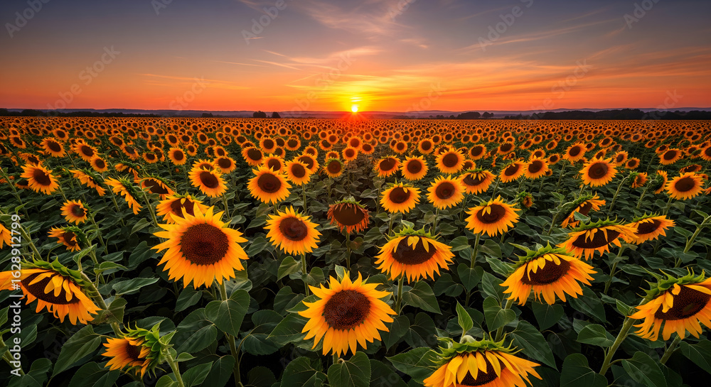 Obraz premium A breathtaking golden hour sunset illuminates a vast field of vibrant sunflowers, creating a stunning and serene natural landscape