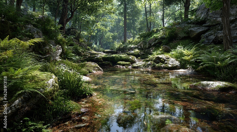 Obraz premium A serene forest scene with a clear, shallow stream flowing over mossy rocks amidst lush greenery
