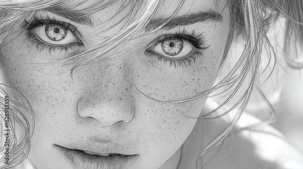 Obraz premium Intense Monochrome Portrait of a Young Woman with Freckles and Windblown Hair