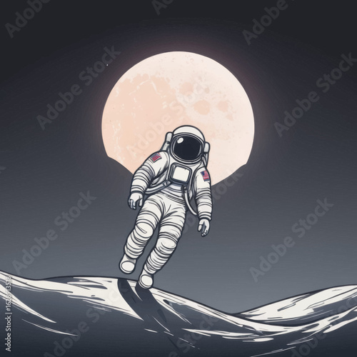 Astronaut Floating Over Lunar Landscape with Large Moon