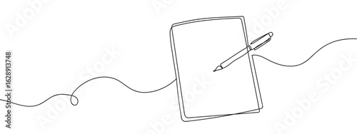 Continuous vector line of document and pen. Transparent background. Business finance concept illustration. Editable stroke.