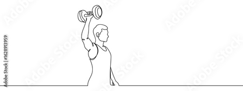 Continuous vector line drawing of man lifting dumbbell with right hand. Transparent background. Exercise. Equipment. Weight training. Stroke correction.