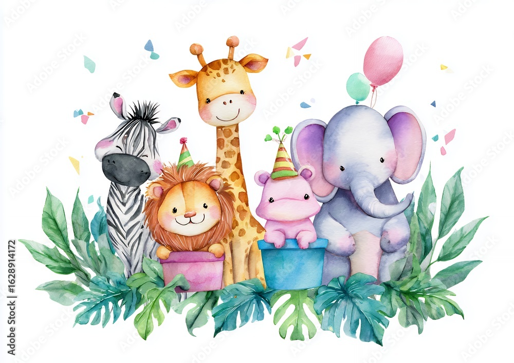 Naklejka premium Adorable Watercolor Cartoon Animals Celebrating Birthday Party