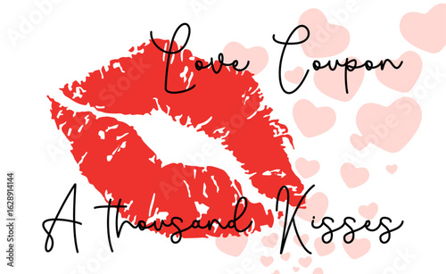 Red lipstick print with red hearts silhouette isolated on a white background