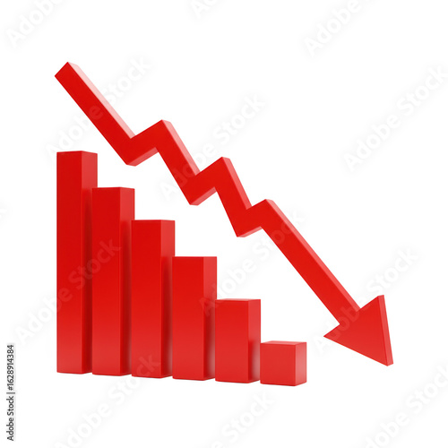 Visual Representation of a Declining Trend on a Bar Chart with a Downward Arrow Isolated On White Background