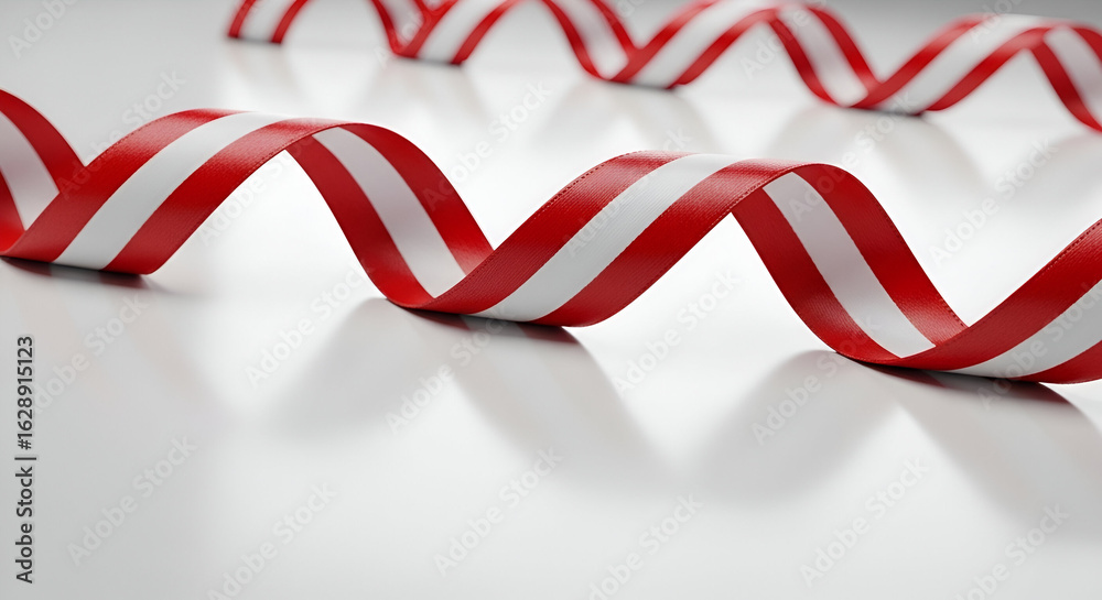 Fototapeta premium Red and White Curled Ribbon on Smooth Surface Ideal for Celebrations and Decorative Presentations