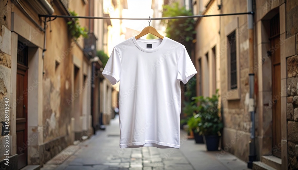 Naklejka premium Blank white t-shirt mockup hanging on a wooden hanger in a charming old town alleyway for apparel design presentation.