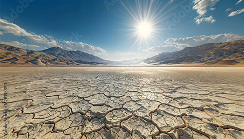 Bright sun over a vast desert, cracked soil and distant mountains