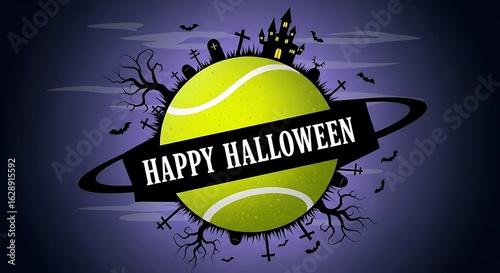 Happy halloween tennis ball with haunted house, graveyard, and spooky trees on a purple background