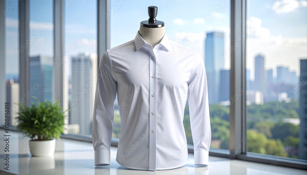 Fototapeta premium Elegant white business shirt on a mannequin displayed in a high-rise office overlooking a modern cityscape.
