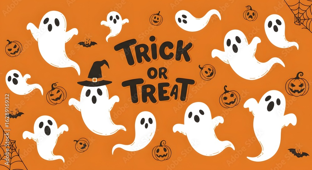 Fototapeta premium Halloween themed background with ghosts pumpkins bats and trick or treat text on orange background