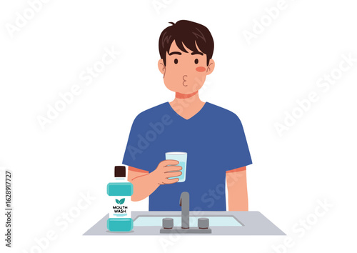 Cartoon Man Rinsing Mouth with Mouthwash and Water in Glass.