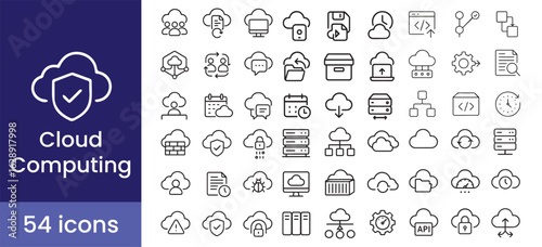 Cloud Computing and Data Storage Security icon set with 54 line style illustrations for Network Server Digital Technology Infrastructure