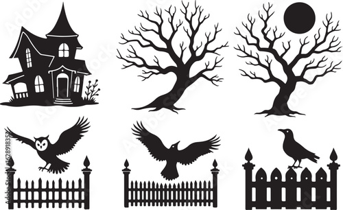 Spooky Halloween silhouettes haunted house creepy trees and flying birds