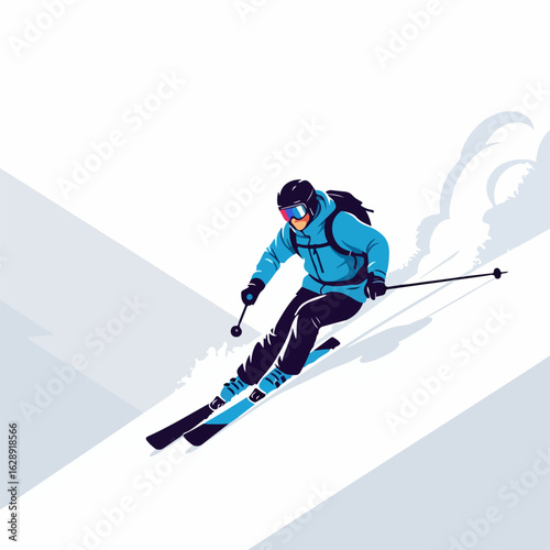 Dynamic skier carving fresh powder down a steep, snow-covered mountain slope with exhilarating speed.