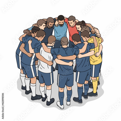 United soccer team huddles in circle, focused on shared victory and team spirit before game