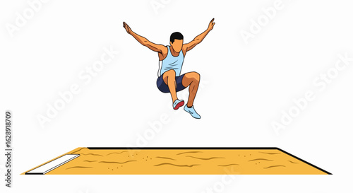 Athlete powerfully leaps into sand pit during dynamic long jump competition event