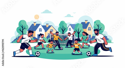 Joyful family and friends playing soccer together in a sunny neighborhood park, creating happy memories.