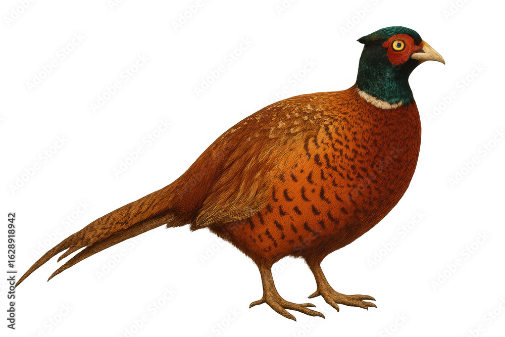 Fototapeta premium Full-body illustration of a common pheasant showcasing its vibrant plumage and distinctive features on a transparent background