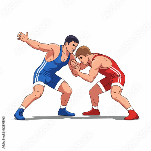 Dynamic wrestlers in intense grappling match showcasing strength and athletic competition