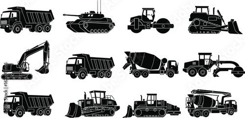 construction, vehicle, silhouette, vector, icon, dump, truck, bulldozer, excavator, roller, mixer, black, cad, drawing, design, construction icon, vehicle vector, heavy machinery