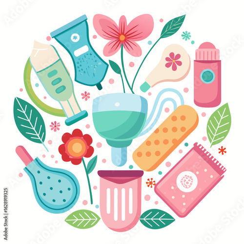 Collection of feminine hygiene products and flowers isolated on white background