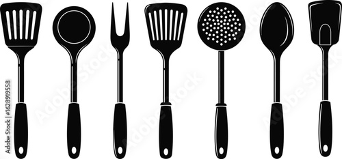 vector, utensil, silhouette, spatula, spoon, ladle, fork, tool, kitchen, cooking, black, flat, design, icon, skimmer, kitchen tool, cooking utensil, silhouette art, black vector, spoon icon, ladle des