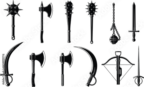  weapon, medieval, silhouette, vector, sword, axe, flail, mace, crossbow, dagger, icon, fantasy, black, cad, club, medieval weapon, vector icon, black silhouette, fantasy tool, combat illustration, sw