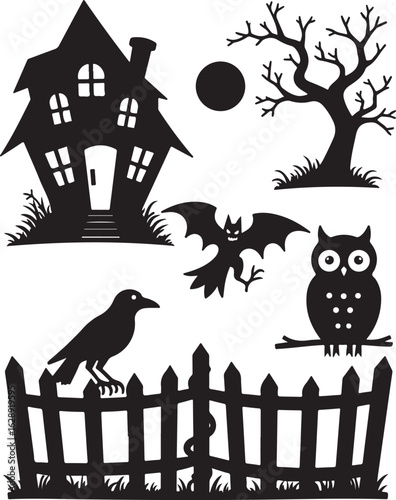 Spooky Halloween silhouette scene with haunted house, bats, owl, and crow