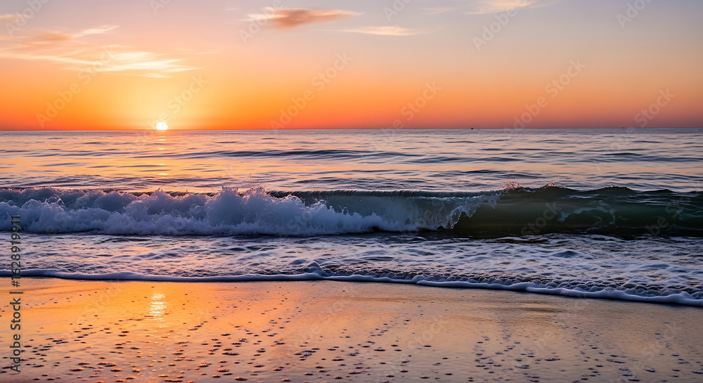 Obraz premium Vibrant orange sunset over a calm ocean with gentle waves on a sandy beach