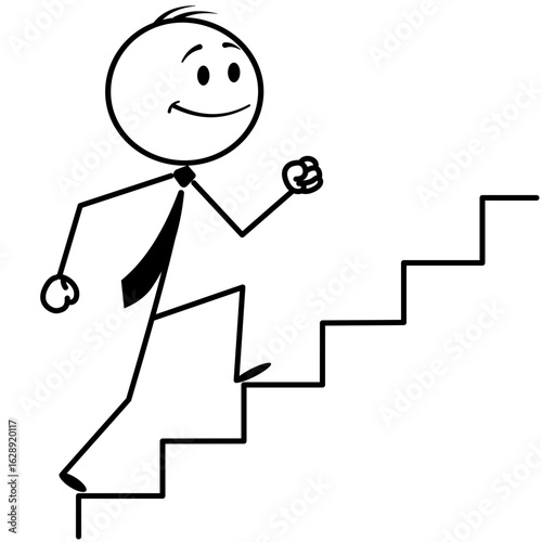 Cartoon stick figure businessman running upstairs. Vector illustration representing success, growth, and career progress. Simple yet powerful business concept.