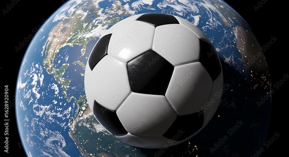 Naklejka premium planet Earth with a soccer ball on top with a dark background