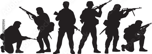armed soldier silhouettes in standing kneeling and crouching combat ready poses vector illustration
