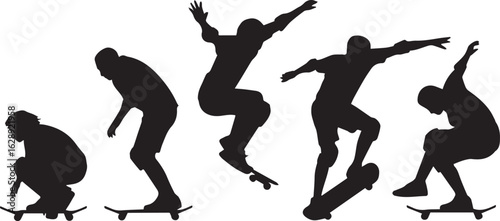 skateboarding silhouette pack of five dynamic poses for extreme sports design and youth culture vector graphic