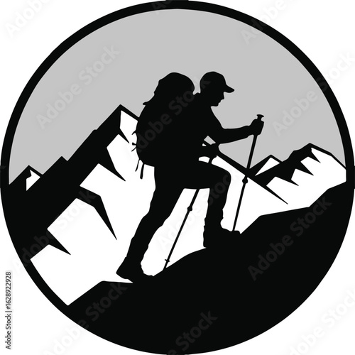 mountaineer silhouette scaling steep slope with backpack and poles scenic mountain vector art
