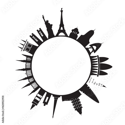 world travel vector circle design with silhouettes of statueofliberty eiffeltower tajmahal and more blank center