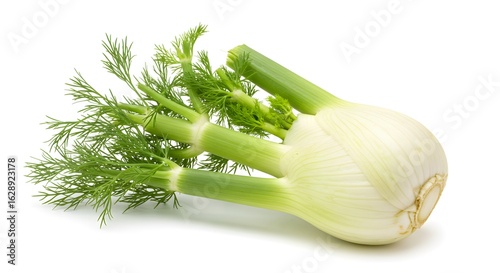 Fresh fennel bulb with feathery fronds ready for culinary use in salads, soups, or roasted vegetable dishes on a clean white backdrop for food photography