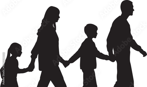 Black silhouette of a family holding hands walking together people