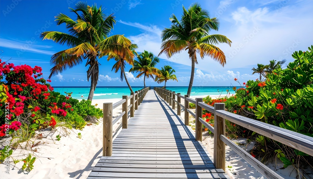 Obraz premium Tropical boardwalk leading to a serene beach