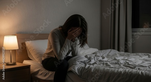 Sorrowful woman in the darkness, portrait of a sad young woman feeling lonely and covering her face with her hands in bedroom