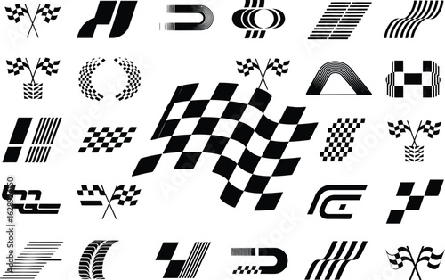 Monochrome collection of motorsport and auto racing design elements. Includes checkered flags, victory symbols, and abstract speed icons.