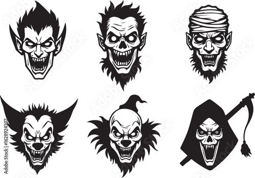 Terrifying monster faces create spooky Halloween designs and scary themes