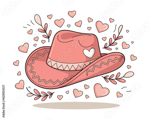 Cute cartoon illustration of a pink cowboy hat with a heart design. Whimsical graphic surrounded by floating hearts, ideal for romantic, Western, or playful love themes.